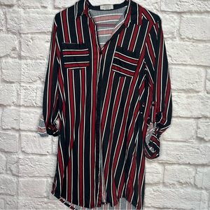 Passport Button Red Black Vertical Stripe Top‎ Women's Size xl